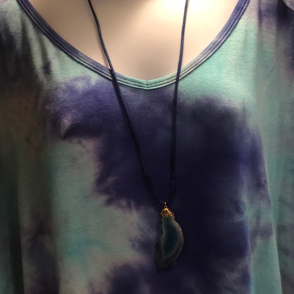 Glass Pendant on Blue Slip Cord Gold Tone Finding - Picture 2 of 4